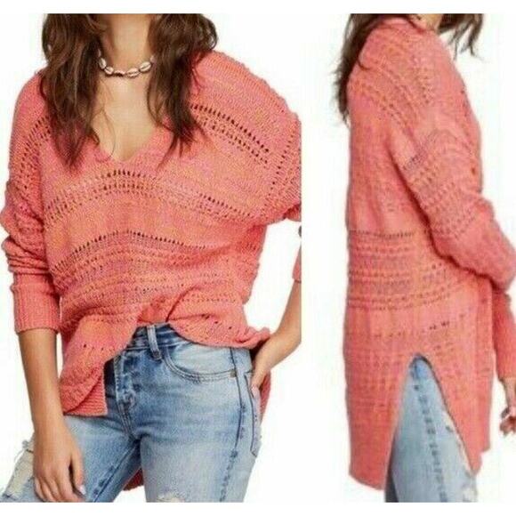 Free People Sweater Womens XS Open Stitch V-Neck Oversized Pullover Tunic Summer - Picture 1 of 8